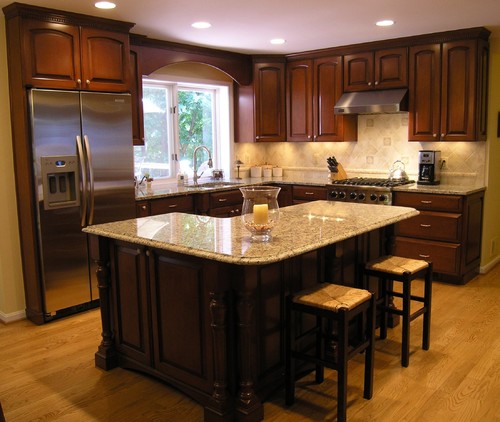 Santa Cecilia Granite with Maple Wood Customized Stain Cabinets and Diagonal Set Up Glazed Carrara Marble 4x4 Tiles and Oak Flooring